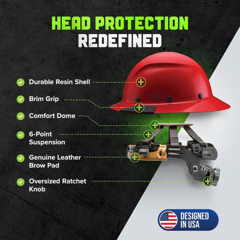 Dax Fiber Resin Full Brim Safety Helmet With Six Point Suspension For All Day Comfort And Serious Impact Protection Moisture Wicking EVA Foam Inserts For Sweat Control Lightweight Red Work Gear features detailed.