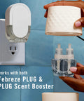 Hands holding Plug In Scent Booster Starter Kit With Ocean Refills, Black Oil Diffuser Air Freshener showing refills and device