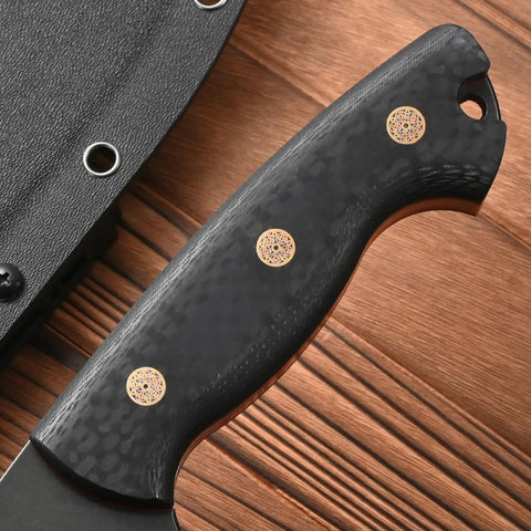 Close-up of black carbon fiber handle of Fixed Blade Knife With AUS-10 Steel, Full Tang, and Sheath for outdoor use.