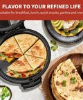 Novalife Electric Quesadilla Maker 9.5 Inch Press with quesadilla wedges and tortillas ready for serving.