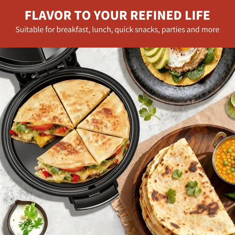 Novalife Electric Quesadilla Maker 9.5 Inch Press with quesadilla wedges and tortillas ready for serving.
