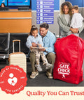 Family at airport with Gate Check Stroller Bag For Single And Some Double Strollers, Travel Bag For Air Travel, Fits Most Standard Baby Strollers, Airport Accessories For Gate Check, Flying Essentials Red next to carry-on luggage.