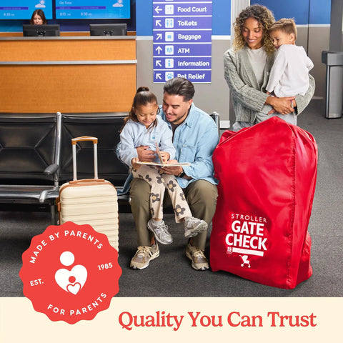 Family at airport with Gate Check Stroller Bag For Single And Some Double Strollers, Travel Bag For Air Travel, Fits Most Standard Baby Strollers, Airport Accessories For Gate Check, Flying Essentials Red next to carry-on luggage.