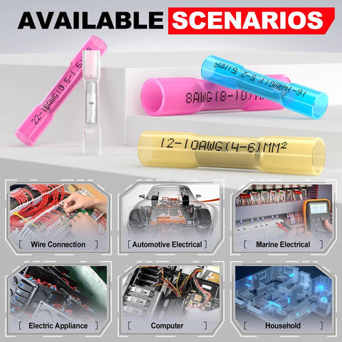 Airic heat shrink butt connectors for 22-16 AWG, insulated marine-grade crimp terminals, 100 pcs in pink, blue and yellow