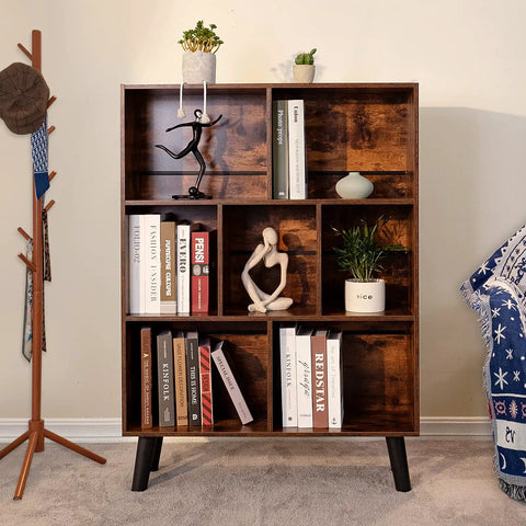 Three Tier Cube Bookshelf With Legs In Rustic Brown Mid Century Modern Style Dope Space Saving Open Bookcase With Retro Wood Look for Bedroom, Living Room and Office displaying books and decor