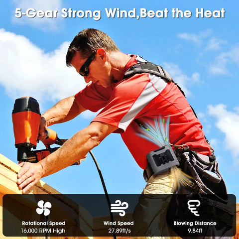 Worker wearing a Rechargeable Wearable Waist Clip Fan With Light For All Day Cool Outdoor Jobs Camping Travel 16000 RPM High Air Flow 5 Speed Hands Free Belt Fan For Jobsite Summer Sweat Stopper while using a tool on a roof