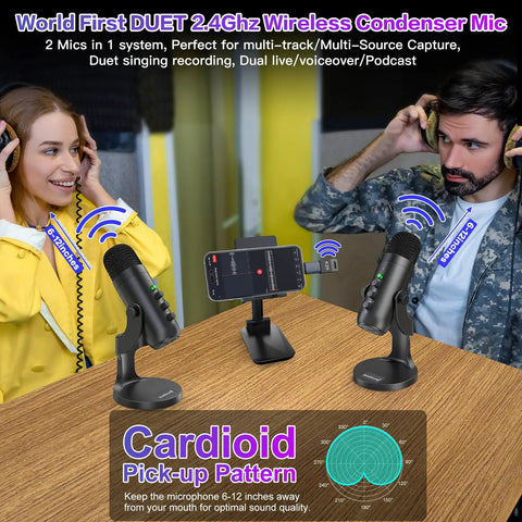 Dual Wireless USB Microphone Kit With 2.4GHz Wireless Tech Noise Reduction on table with headphones for cohost streaming