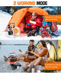 Go-To Outdoor Portable Propane Patio Heater And Cooker 18000 BTU With USB Lighter For Tent Camping Hunting Fishing RV Versatile Gas Camp Stove And Grill No Fuel Included used for heating and cooking near tents in snowy and lake settings.