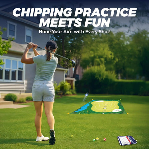 Person practicing golf with Chipping Golf Practice Mats Set With Sticky Balls For Indoor And Outdoor Play Mega Sized 70.8 Inch By 47.25 Inch Mat