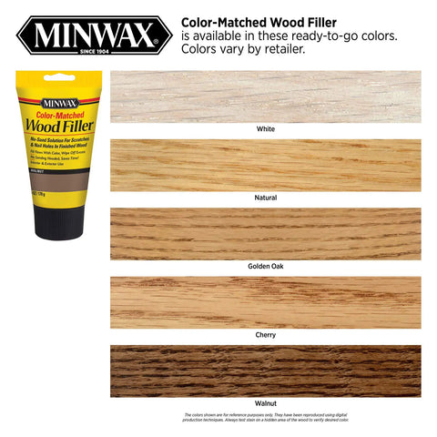 Color Matched Wood Filler In Golden Oak No Sand Ready To Use 6 Oz with samples in various wood tones including Golden Oak.