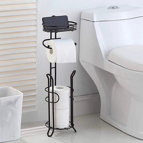 Heavyweight Free Standing Toilet Paper Roll Holder With Reserve Shelf Bronze Finish, beside modern toilet