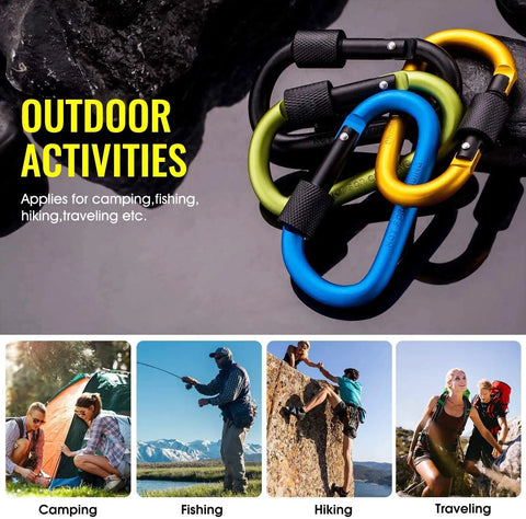 Colorful 10 Pack D Shape Carabiner Clips With Screw Gate 7.5mm Diameter Aluminum for outdoor activities like camping and hiking.