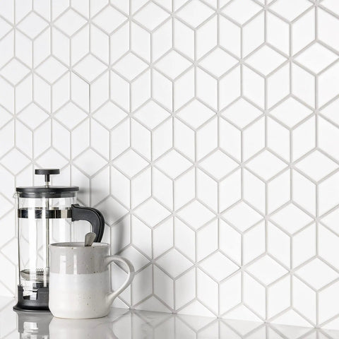 Metro Rhombus Matte White Porcelain Tile For Floor And Wall, mesh design with French press and mug in foreground