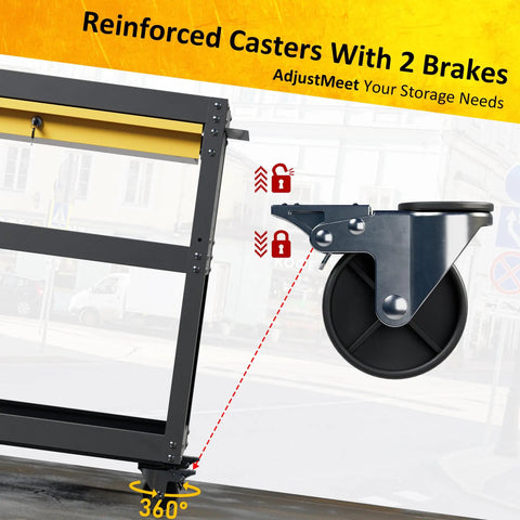 Side view of Workhorse Heavy Duty Rolling Tool Cart With Three Tiers And Drawer Plus Pegboard 440 Lb Capacity Steel Utility Cart on Wheels with reinforced casters and brakes.