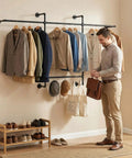 Heavy Duty Industrial Pipe Clothing Rack With Four Hanging Rods Wall Mounted Garment Rack Black Steel Frame with jackets and accessories