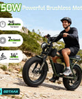 Rider on All Terrain Electric Bike With 750W Motor For A Smooth Cruise At 25 MPH 50 Mile Range 20 Inch Fat Tires on rocky trail