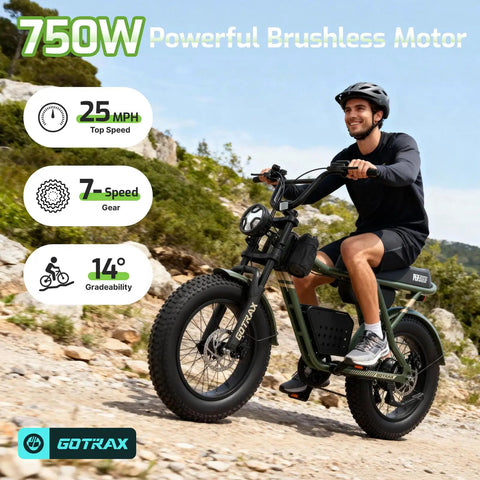 Rider on All Terrain Electric Bike With 750W Motor For A Smooth Cruise At 25 MPH 50 Mile Range 20 Inch Fat Tires on rocky trail