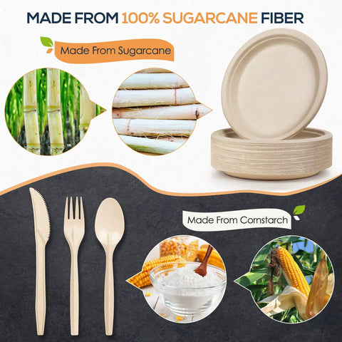 Eco Friendly Sugarcane Disposable Dinnerware Set with 250 pieces showing sugarcane and cornstarch materials.