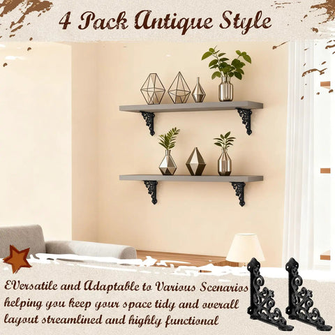 4 Pack Antique Style Straight Up Heavy Duty Cast Iron Shelf Brackets Sweet Antique Black Metal Braces on wall with decor items