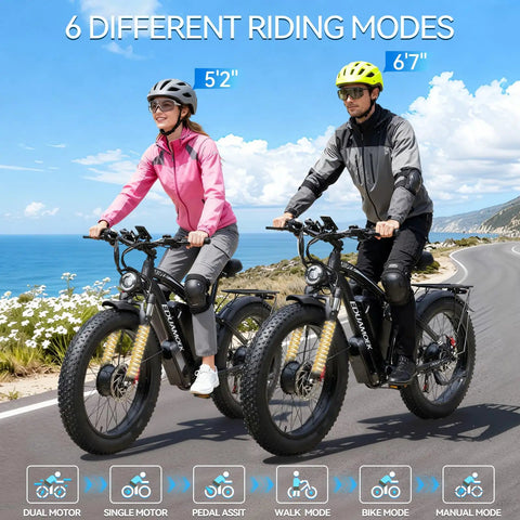 Two riders on Beast Dual Motor Electric Bike For Adults With 52V 34Ah Battery, on a coastal road demonstrating different riding modes.
