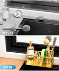 Gold Stainless Steel Kitchen Sink Caddy Organizer With Auto Drain Sponge Holder And Brush Stand Rustproof Countertop Soap Dispenser Rack Keeps Counter Clutter Free Looking Slick Total Game Changer For Daily Routines in use, showcasing organized tools.