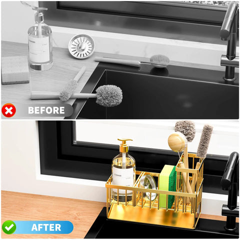 Gold Stainless Steel Kitchen Sink Caddy Organizer With Auto Drain Sponge Holder And Brush Stand Rustproof Countertop Soap Dispenser Rack Keeps Counter Clutter Free Looking Slick Total Game Changer For Daily Routines in use, showcasing organized tools.