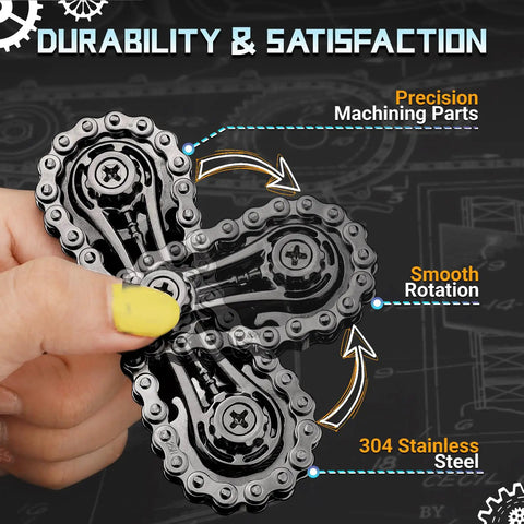Person holding Sprocket Fidget Bike Chain Hand Roller For Anxiety Relief And Sensory Fun with ultra silent bearings