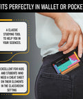 Person placing Pocket Metal Periodic Table Card For Chemistry Nerds into back pocket, showing size and convenience for on-the-go use.