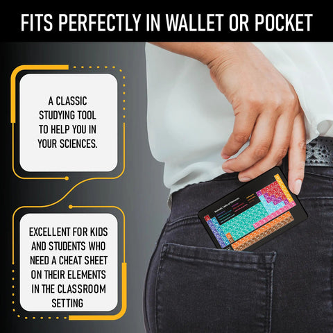 Person placing Pocket Metal Periodic Table Card For Chemistry Nerds into back pocket, showing size and convenience for on-the-go use.