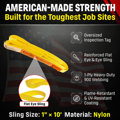 Ultra Tough Nylon Lifting Sling 1 Inch By 10 Foot Made In USA For Hoists And Rigging 1600 Lb Vertical with details and features