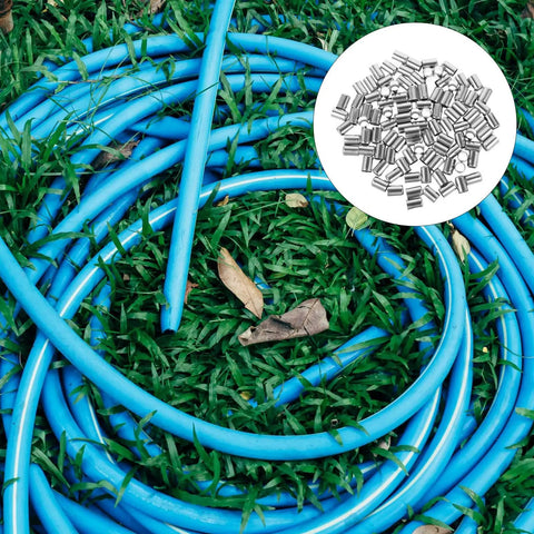 Solid Stainless Steel Hydraulic Hose Crimping Sleeves 100 Pcs Heavy Duty Ferrules Guarantee A Leak Free Connection Worth The Grind No Matter What You Are Working On Tough As Hell Construction Keeps Pressure Sealed Tight For Heavy Duty Use In Shop. blue hose with stainless ferrules