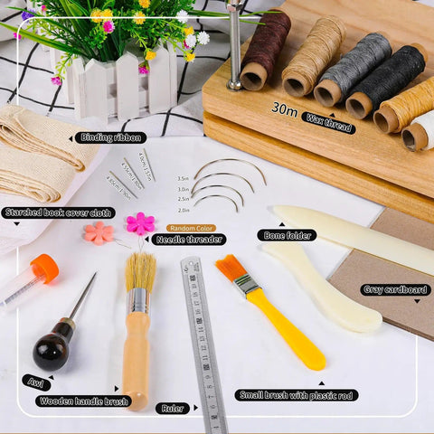 All In One Book Binding Kit With Press And Wooden Binding Press Includes Book Cloth Book Cover Boards Bone Folders Awl Wax Thread Bind Straps And Ribbons For DIY Journal And Album Making Great For Beginners And Crafters displayed with tools and materials