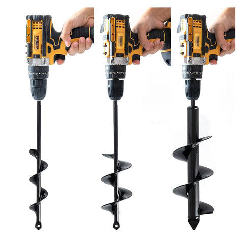 Set Of 3 Garden Auger Drill Bits For Planting 1.6 By 12 Inch, 2.6 By 12 Inch, 3.5 By 12 Inch Deep Holes Bulb And Bedding Plant Augers displayed