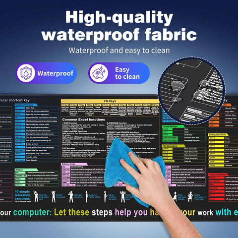Hand cleaning Cheat Sheet Desk Pad with Excel and Word Shortcuts, Large 31.5 by 11.8 Inch, Waterproof Anti Slip Mat