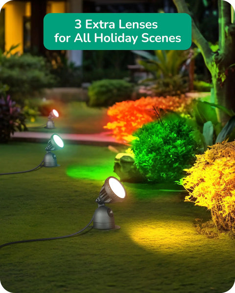 Outdoor Spotlight Kit With 3 Interchangeable Lenses Red Yellow Green 120V 12W 4000K illuminating colorful garden bushes