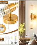 Solid Gold Battery Operated Wall Sconces Set Of Two Dimmable Rechargeable Modern Brushed Metal with USB charging and remote control.