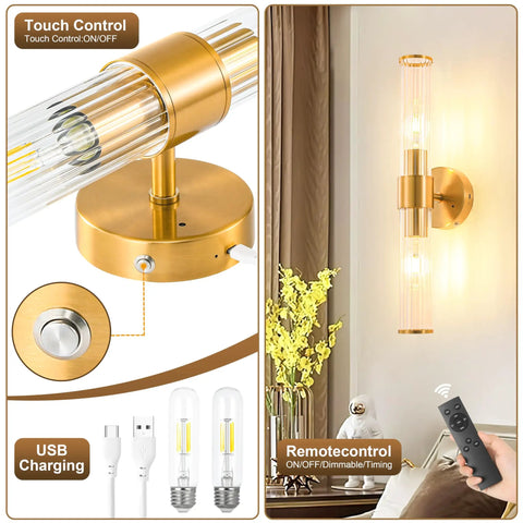 Solid Gold Battery Operated Wall Sconces Set Of Two Dimmable Rechargeable Modern Brushed Metal with USB charging and remote control.