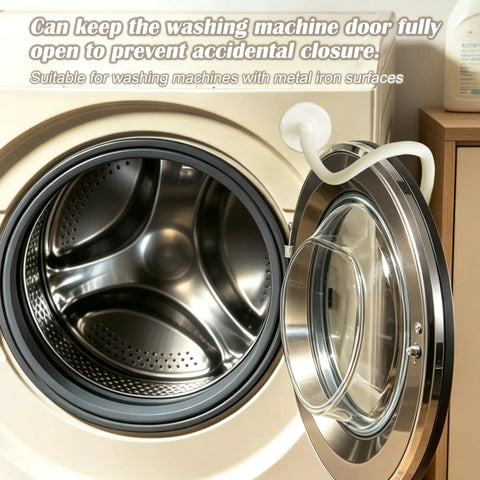 Magnetic Front Load Washer Door Prop And Dryer Vent Holder With Grippy Silicone Base To Keep Your Machines Cracking Open And Smelling Totally Fresh White, shown holding a washer door open.