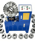 Top Tier 220V Electric Hydraulic Hose Crimper For Auto And Shop Use with 14 interchangeable dies displayed around.