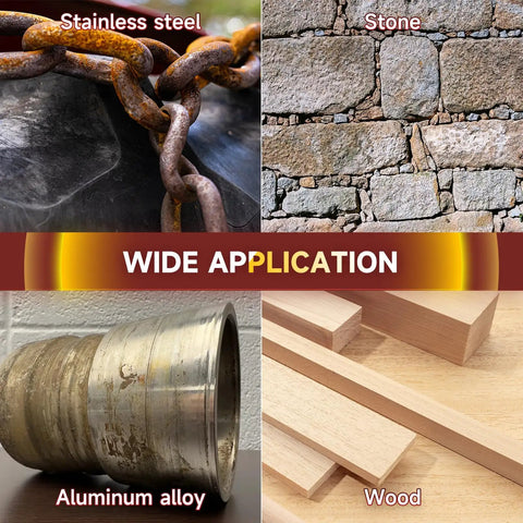 Stainless steel, stone, aluminum alloy, and wood surfaces labeled for wide application use with the 40 Grit Burnishing Wheel For Wood And Metal Surface Conditioning, 120mm Diameter, 100mm High, 19mm Center Hole, Wire Drawing Polishing Wheel For Smoothing, Shaping, And Burnishing In Woodworking And Metalworking.
