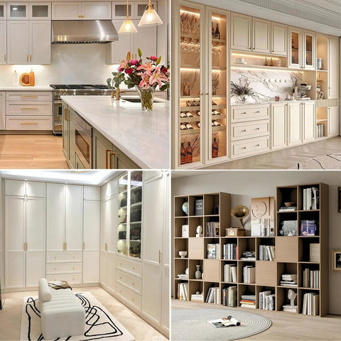 Luxurious kitchen, closet, and bookshelf showcasing versatility of 120 Pcs Shelf Pins Kit With Four Styles Nickel Plated Shelf Support Pegs