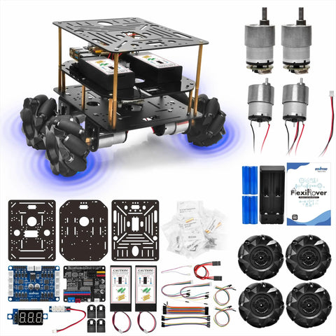 OSOYOO FlexiRover robot car kit for Raspberry Pi; black chassis, 4 mecanum wheels, encoders, battery pack.