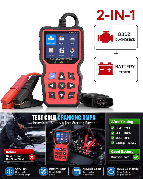 All In One OBD2 Scanner With Battery Tester shown with diagnostic screens, battery clamps, and OBD2 port connector, 2-in-1 feature highlighted.