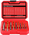 Red plastic case containing a 10-piece screw extractor and left-hand cobalt drill bit set