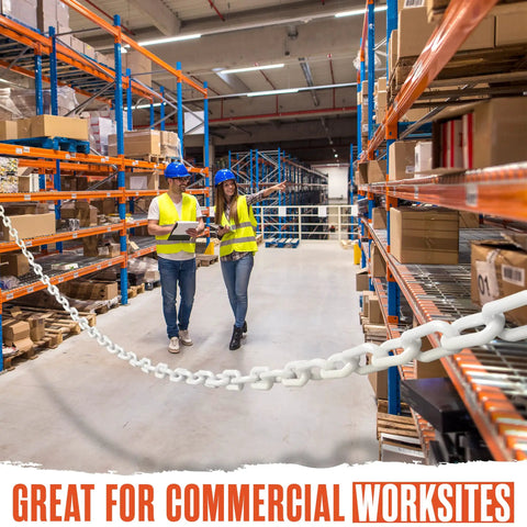 Lightweight Plastic Chain For Crowd Control And Event Setup 124 Feet Of 2 Inch Links UV Protected White Barrier Chain For Indoor Outdoor Use Easy DIY Queue Line Decor And Safety Barrier For Parties Venues And Worksites in warehouse.