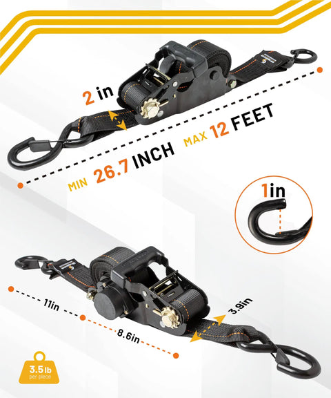 Heavy Duty Retractable Ratchet Straps 5000 Lbs Breaking Strength 2 Inch By 12 Foot Grip And Go Tie Downs showing retractable mechanism and hook.
