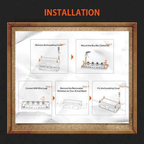Installation guide for Heavy Duty 300A Bus Bar With Four M8 Studs Power Distribution Block For 48V DC Battery Systems.