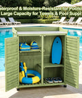Outdoor Potting Bench With Metal Work Top And Cedar Wood Build, Waterproof Garden Storage Cabinet For Poolside Use