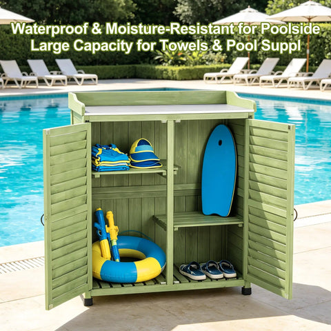 Outdoor Potting Bench With Metal Work Top And Cedar Wood Build, Waterproof Garden Storage Cabinet For Poolside Use