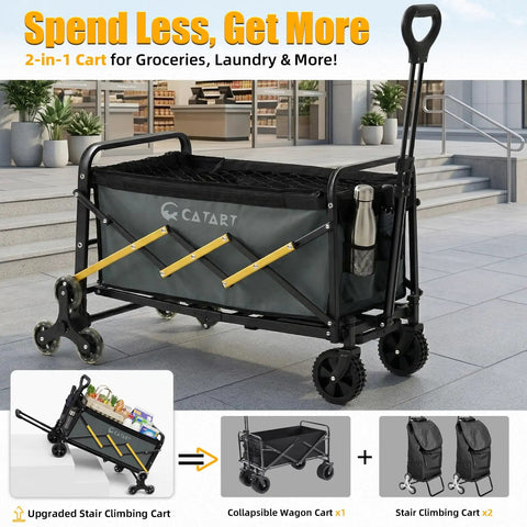 Foldable Stair Climbing Cart With Triangular Wheels For Groceries And Laundry next to a store entrance